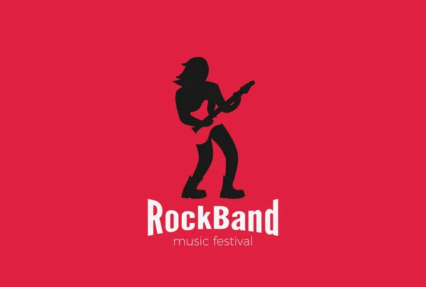 Rock Guitarrista Tocando Guitarra Logo Design Vector Template Negative Space — Vetor de Stock