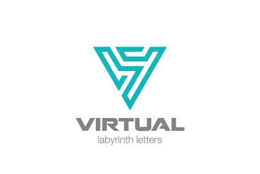 Mektup V Labyrinth üçgen Logo soyut tasarım vektör şablonu doğrusal stili