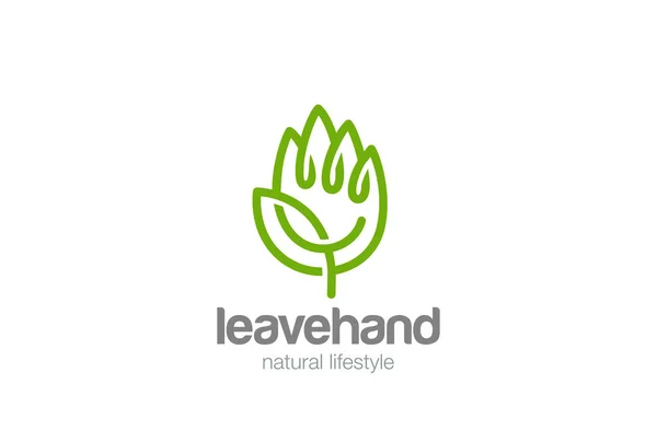 Χέρι Eco Πράσινο Λογότυπο Φύλλα Πρότυπο Σχεδίασης Διανυσματικών Γραμμικό Στυλ — Διανυσματικό Αρχείο