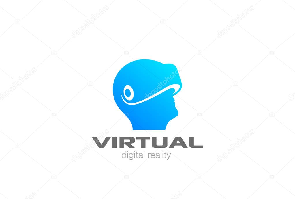 VR Logo design vector template negative space. Man Head with Virtual Reality glasses helmet Logotype icon