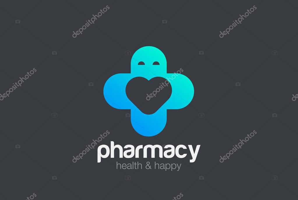 Pharmacy Medical Clinic Cross Logo design vector template as Man with Heart inside. Love medicine Cardiology Logotype concept icon