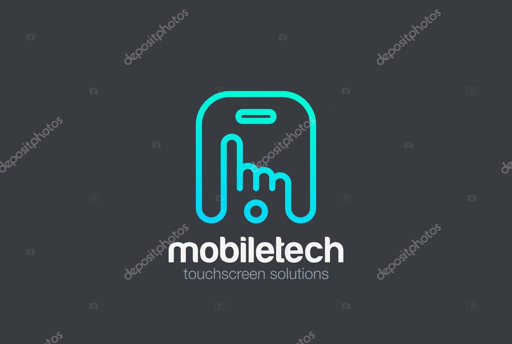 Finger press touchscreen of Mobile phone Logo design vector template Linear style.
