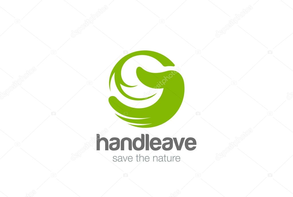 Hand holding green Leaf Logo design vector template Negative space style