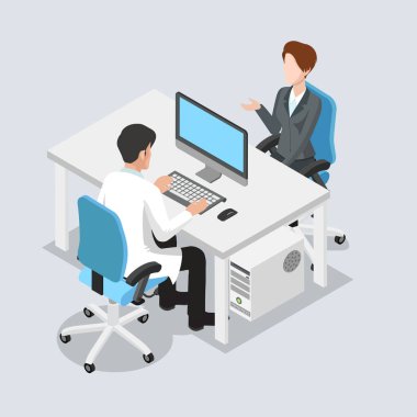 Bilgisayar, düz izometrik erkek doktor