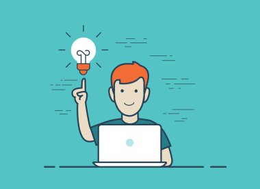 Dizüstü bilgisayar ile düz stil doğrusal genç adam 