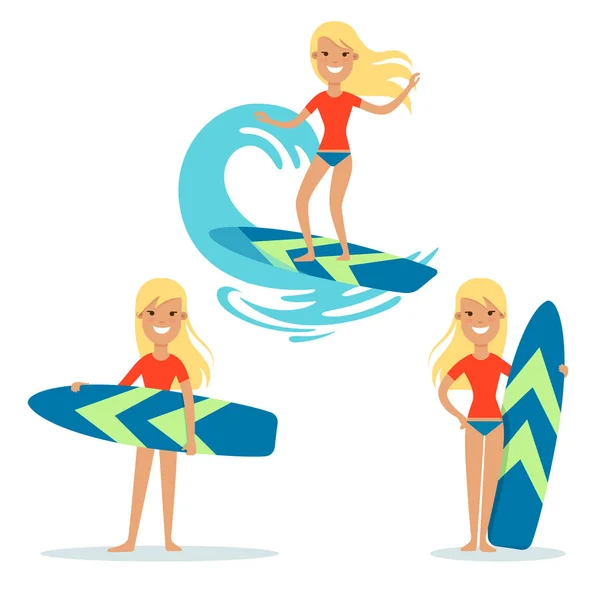 Femeie tânără cu surfboard surfing — Vector de stoc