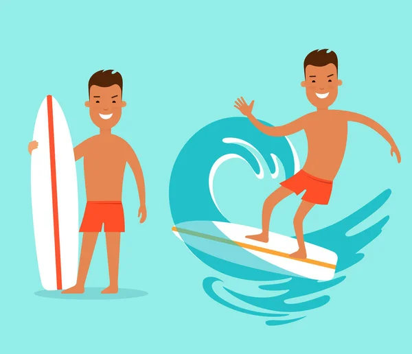 Junger Mann mit Surfbrett — Stockvektor