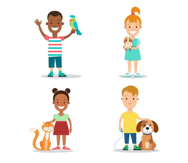 Niños felices con mascotas — Vector de stock