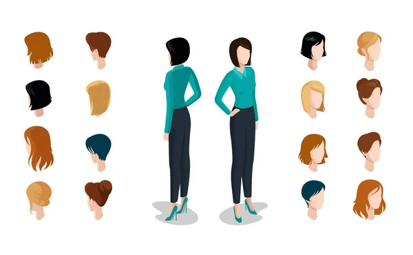 Flat style isometric head face types woman — Stock Vector