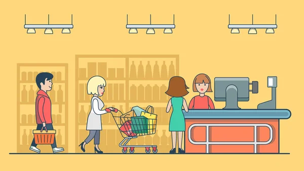 Lineaire platte mensen in supermarkt — Stockvector