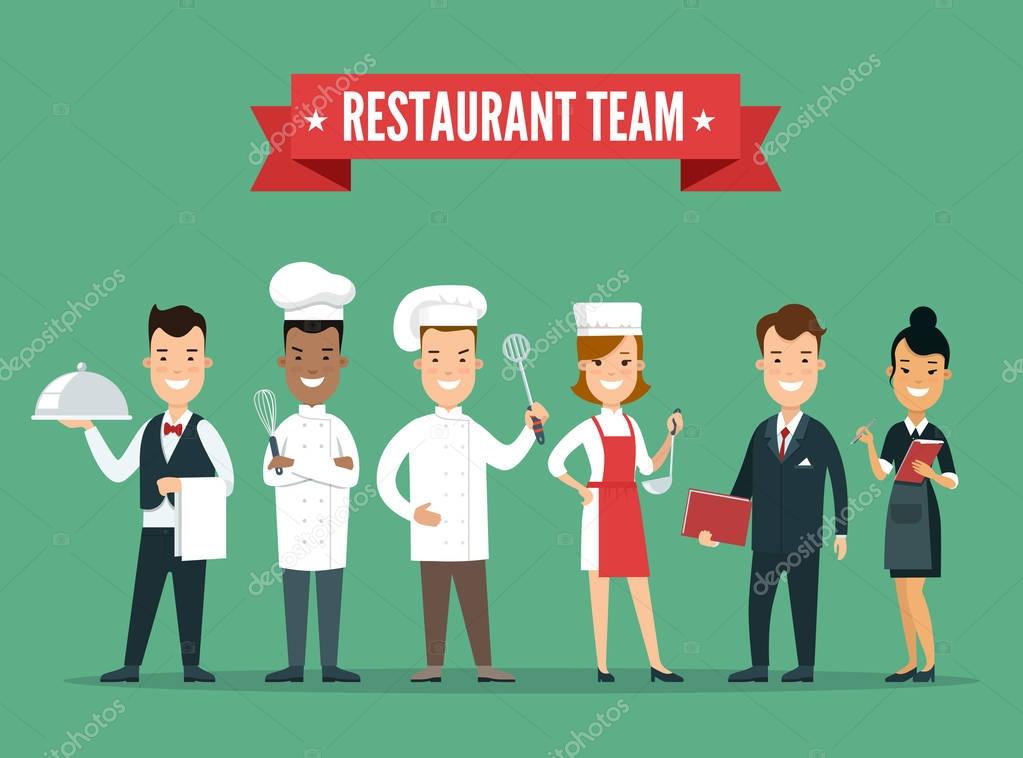 Flat style modern professional restaurant team cook characters vector illMulticultural ustration. Multicultural master chef man and woman. People with kitchen utensils cookware. Ribbon text