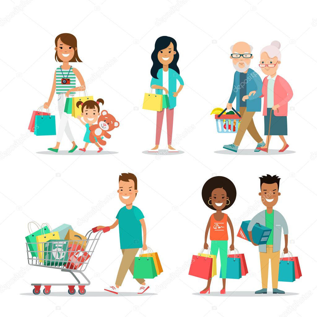 Flat Happy family shopping people