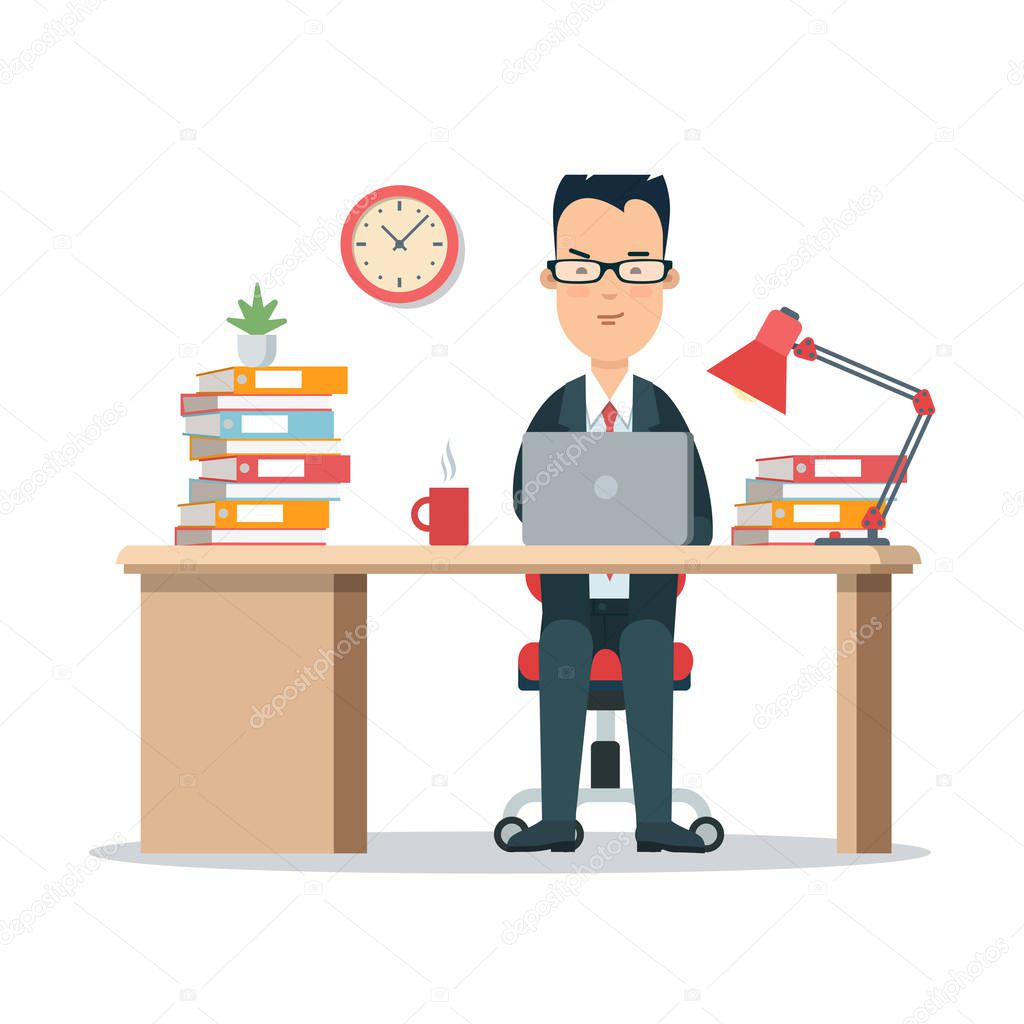 Flat style businessman character in workplace