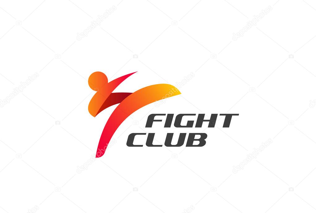 Fight Club Karate Kickboxing Taekwondo Logo design vector template.  Man doing High Kick Combat Logotype concept icon.
