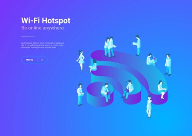 Wifi kablosuz izometrik düz illüstrasyon kavramı. Wi-fi kullanan kişiler.