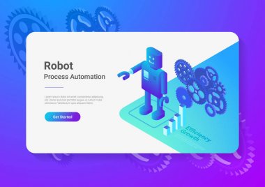 Robot Android retro tarzı düz izometrik çizimde. İşlem otomasyon iş teknoloji kavramı.