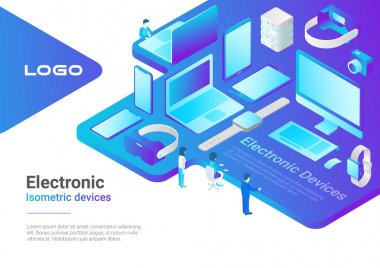 İzometrik düz elektronik cihazları ultraviyole koleksiyonu: laptop, bilgisayar, monitör, vr kask, smartwatch, akıllı telefon, tablet pc, fotoğraf makinesi, depolama.