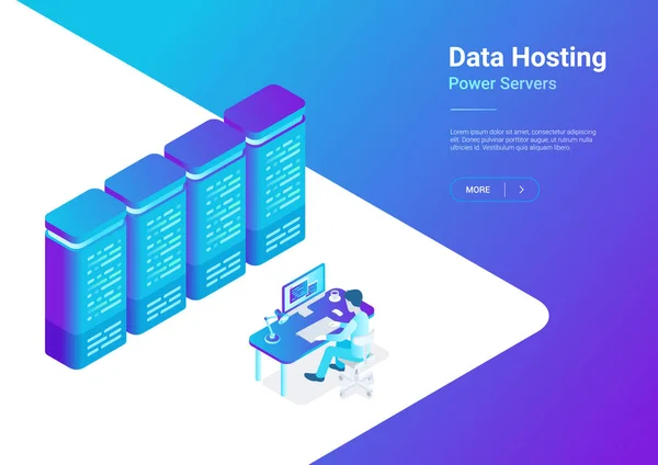 Web Online Datenhosting Server Isometrische Flache Vektordarstellung Mann Monitor Steuert — Stockvektor