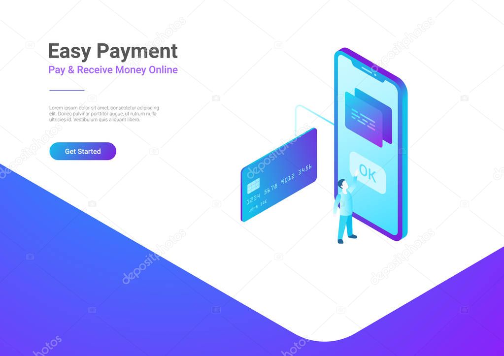 Online Payment by Credit Card on Smartphone isometric flat vector illustration. Man using bank card in Mobile phone online shopping concept.