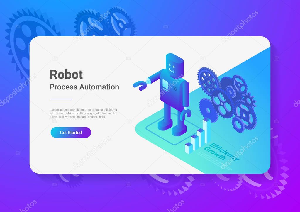 Robot Android retro style Flat Isometric illustration. Process Automation Business Technology Concept.