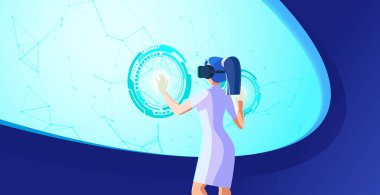 İş kadını Sanal Gözlük Ultraviyole 'de arayüzü çalıştırıyor 