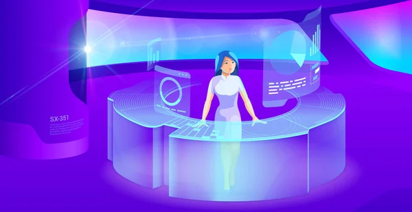 Businesswoman obsługuje interfejs na stole w futurystycznym wnętrzu — Wektor stockowy