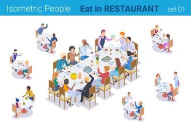 Isometric People Restaura 'da Masa Yeme ve Konuşma' da oturuyor.