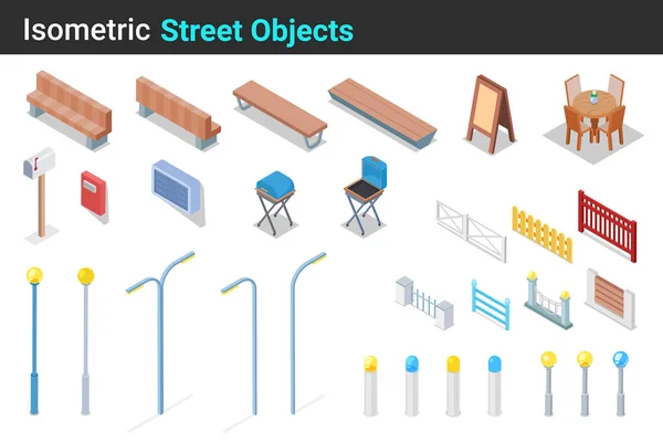 Objek jalan Isometric Koleksi vektor rata: Bench, Fence, G - Stok Vektor