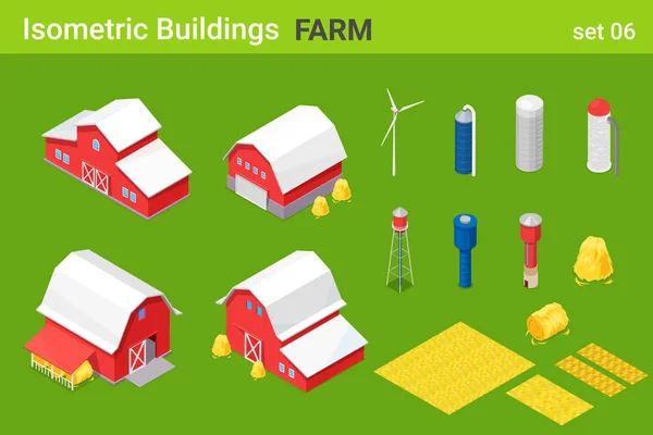 Isometrische landwirtschaftliche Gebäude Felder und Objekte flache Vektor collecti — Stockvektor