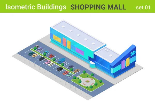 Isometric Shopping Mall Center Building with Cars on Parking fla — 스톡 벡터