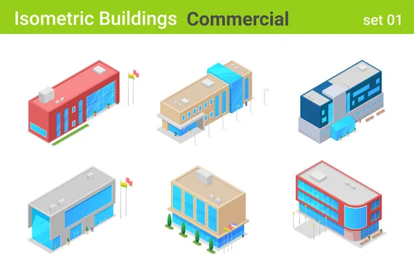 Isometrische gebouwen Commerciële vlakke vectorverzameling. — Stockvector