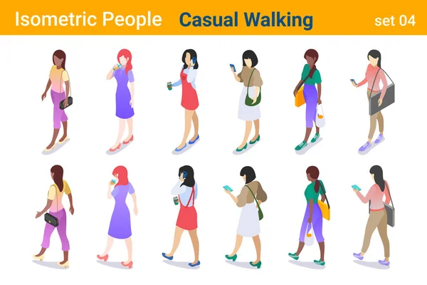 Isometric Casual People flat vector collection. Woman Girl walki — Stock Vector