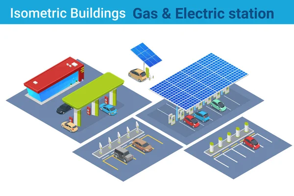 Isometric electric car charging and gas station flat vector coll — Stock Vector