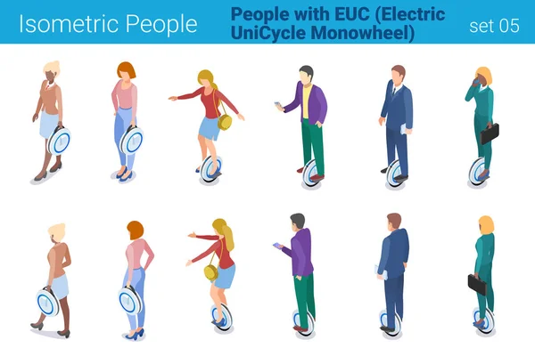 Isometrische mensen met elektrische Unicycle Monowheel platte vector co — Stockvector