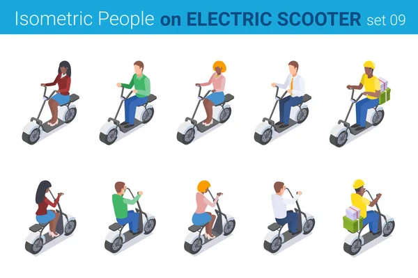 Isometrische mensen op elektrische scooter platte vector collectie. — Stockvector