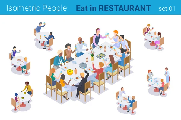Изометрические люди, сидящие за столом, едят и разговаривают в ресторане — стоковый вектор