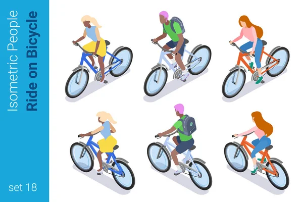 Isometric People ride on Bicycle active Vecteur extérieur plat coll — Image vectorielle