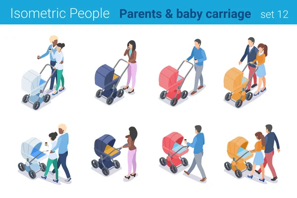 Personnes isométriques Parents avec transport de bébé vecteur plat Famille c — Image vectorielle