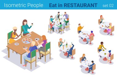 Isometric People Restaura 'da Masa Yeme ve Konuşma' da oturuyor.