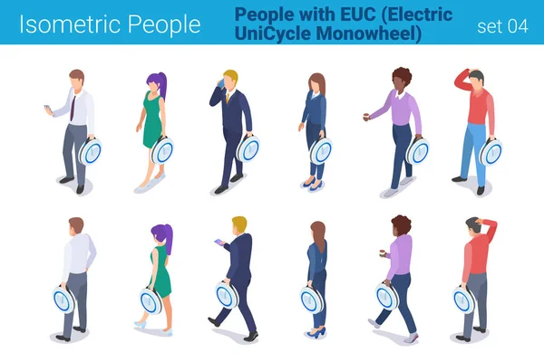 Isometrische mensen met elektrische Unicycle Monowheel platte vector co — Stockvector