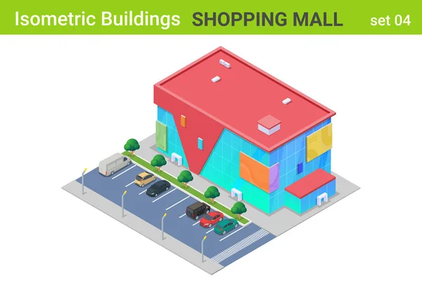 Isometrische winkelcentrum gebouw met auto 's op parkeerplaats griep — Stockvector