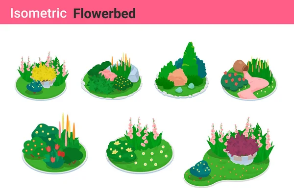 Isometric Flower bed flat vector collection. Garden bed Flowerbe — Stock Vector