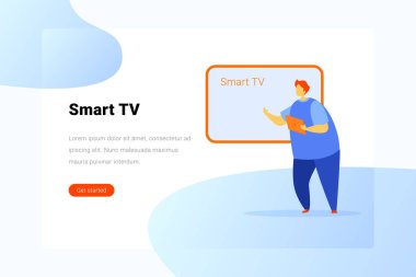 Tablet Pc 'yi Smart Tv düz vektör illüstrasyonuna bağlayan adam. Ben...