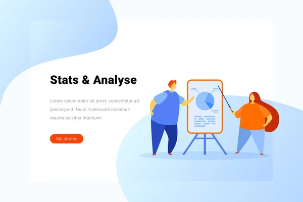 Muž a žena stojí se statistickými grafy diagramy plánovat str — Stockový vektor