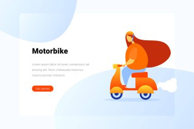 Motosikletli kadın düz vektör çizimi. İniş Sayfası