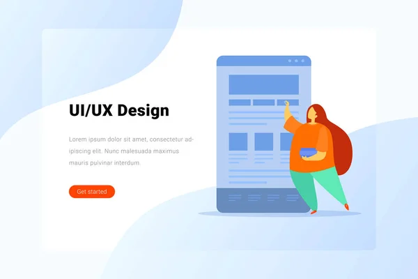 UI/Uxデザインウェブサイトで働く女性フラットベクトルイラスト — ストックベクタ