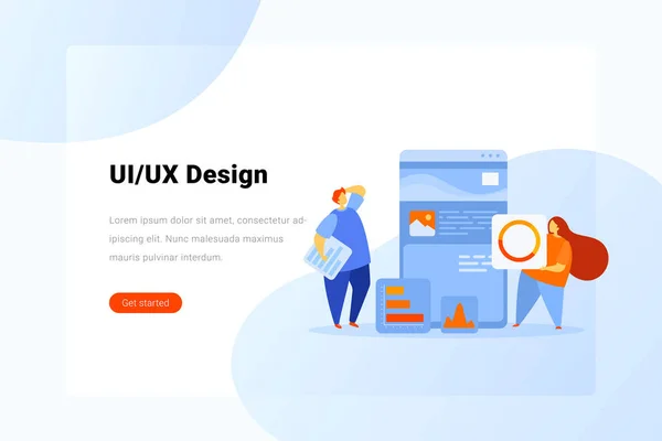 Ui Ux Design Man and Woman pracuje s webovou aplikací Flat vector — Stockový vektor