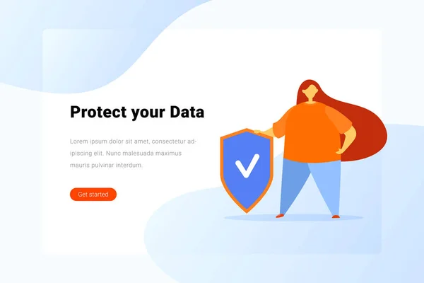 Wanita berdiri dengan perlindungan vektor keamanan datar ilusi - Stok Vektor