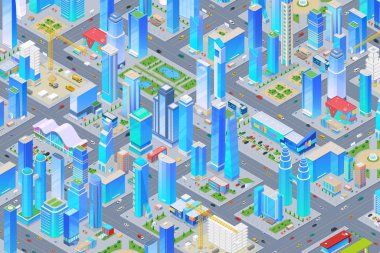 Gökdelenleri, Alışveriş Merkezi binaları, sokakları, arabaları olan Isometric akıllı şehir düz vektör illüstrasyonu