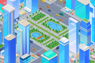 Akıllı Şehir 'deki Isometric Park' ta gökdelenler, binalar, caddeler, arabalar düz vektör çizimi
